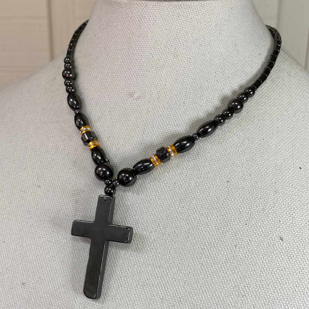 Shiny Hematite bead and cross necklace